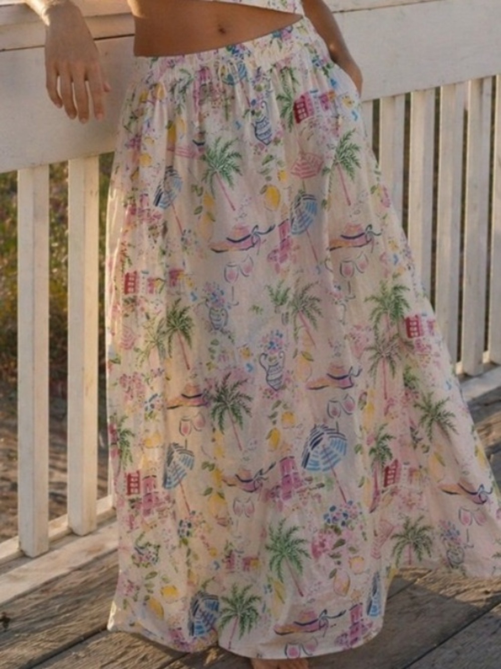 Calypso St. Barth Linen Blend Cream Drawstring Skirt with Pastel Floral Accents
